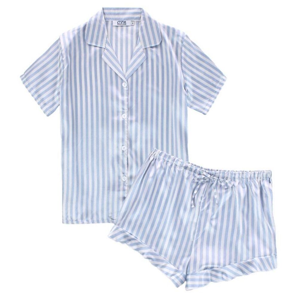 CTM Women's Striped Satin Short Sleeve Pajama Set